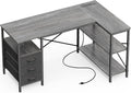 Huuger L Shaped Office Desk with Power Outlets, 47 Inch Computer Desk with 3 Drawers, Shelves, for Gaming, Corner Work, Home Office, Study, Grey