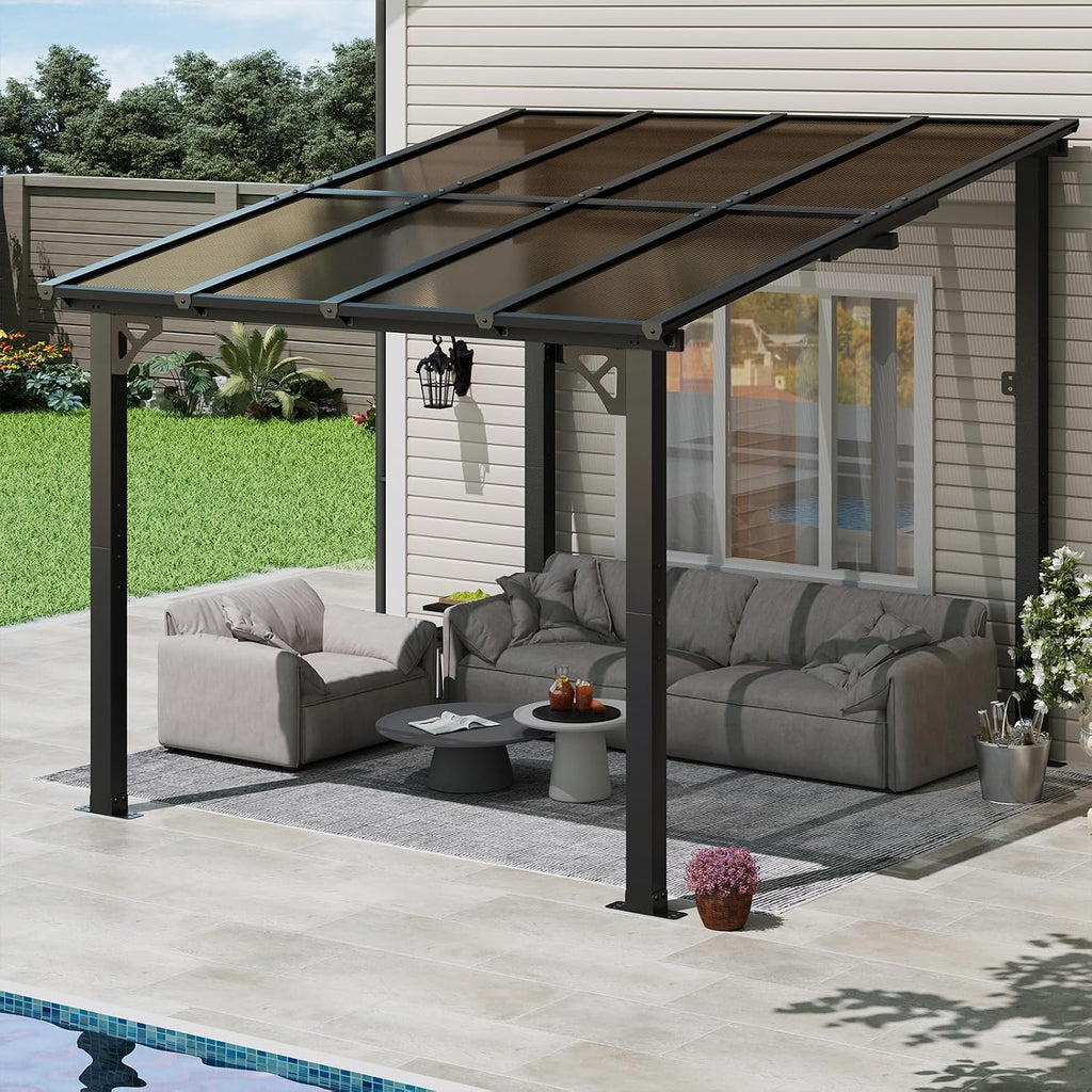 8x10FT Lean to Gazebo, Hardtop Metal Pergola with Polycarbonate Roof, Large Wall Mounted Heavy Duty Awnings, Patio Canopy for Backyard, Deck, Porch, Black