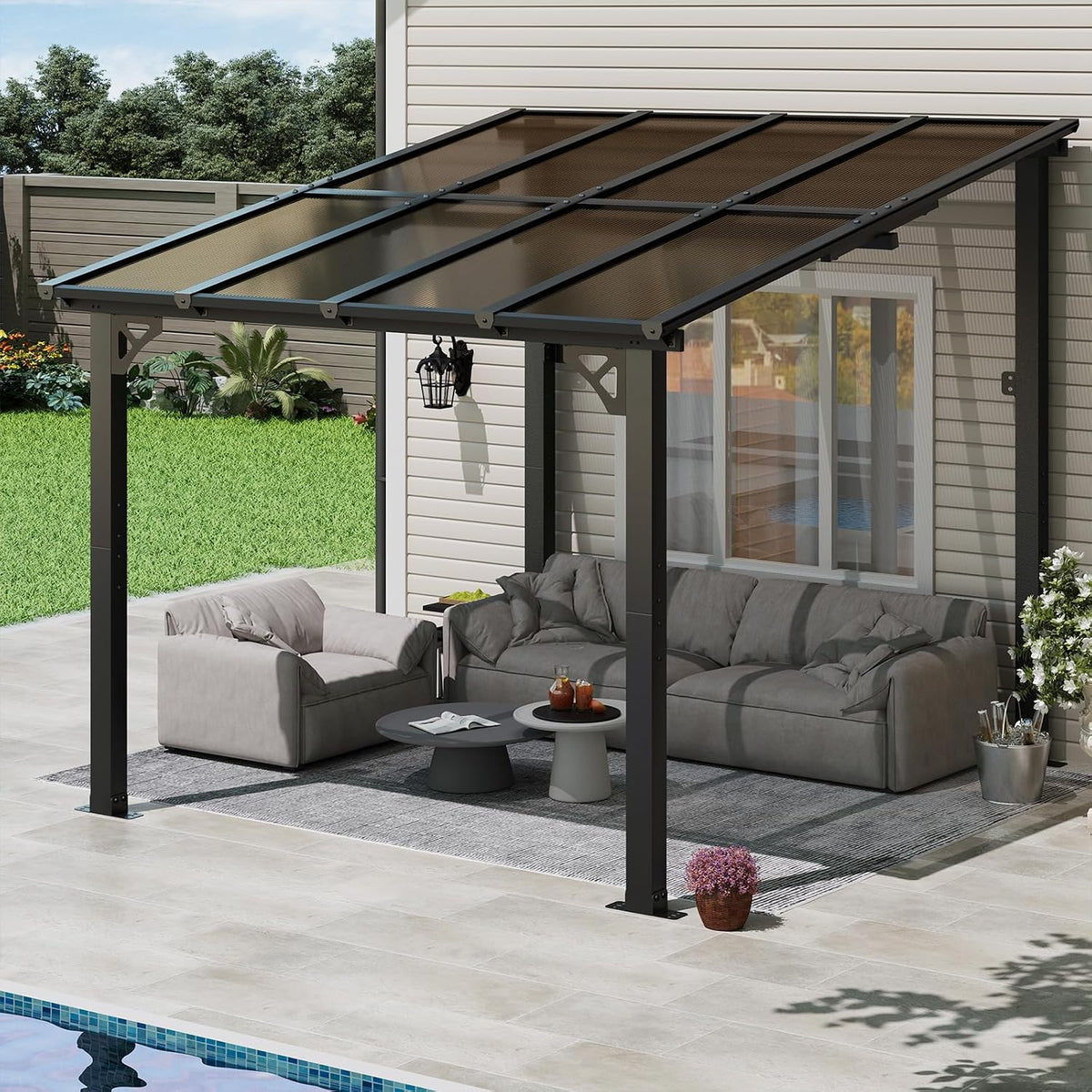 8x10FT Lean to Gazebo, Hardtop Metal Pergola with Polycarbonate Roof, Large Wall Mounted Heavy Duty Awnings, Patio Canopy for Backyard, Deck, Porch, Black