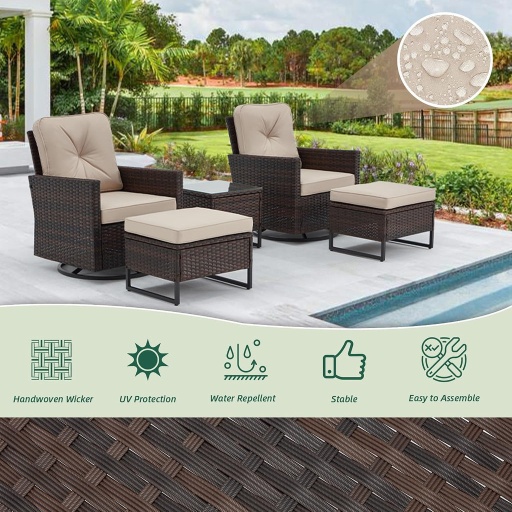 AVAWING 5 PCS Patio Swivel Rocking Chairs Set with Ottoman, Outdoor Wicker Furniture with Rattan Side Table, 360° Swivel Chairs for Garden, Porch, Backyard, Beige/Brown Wicker