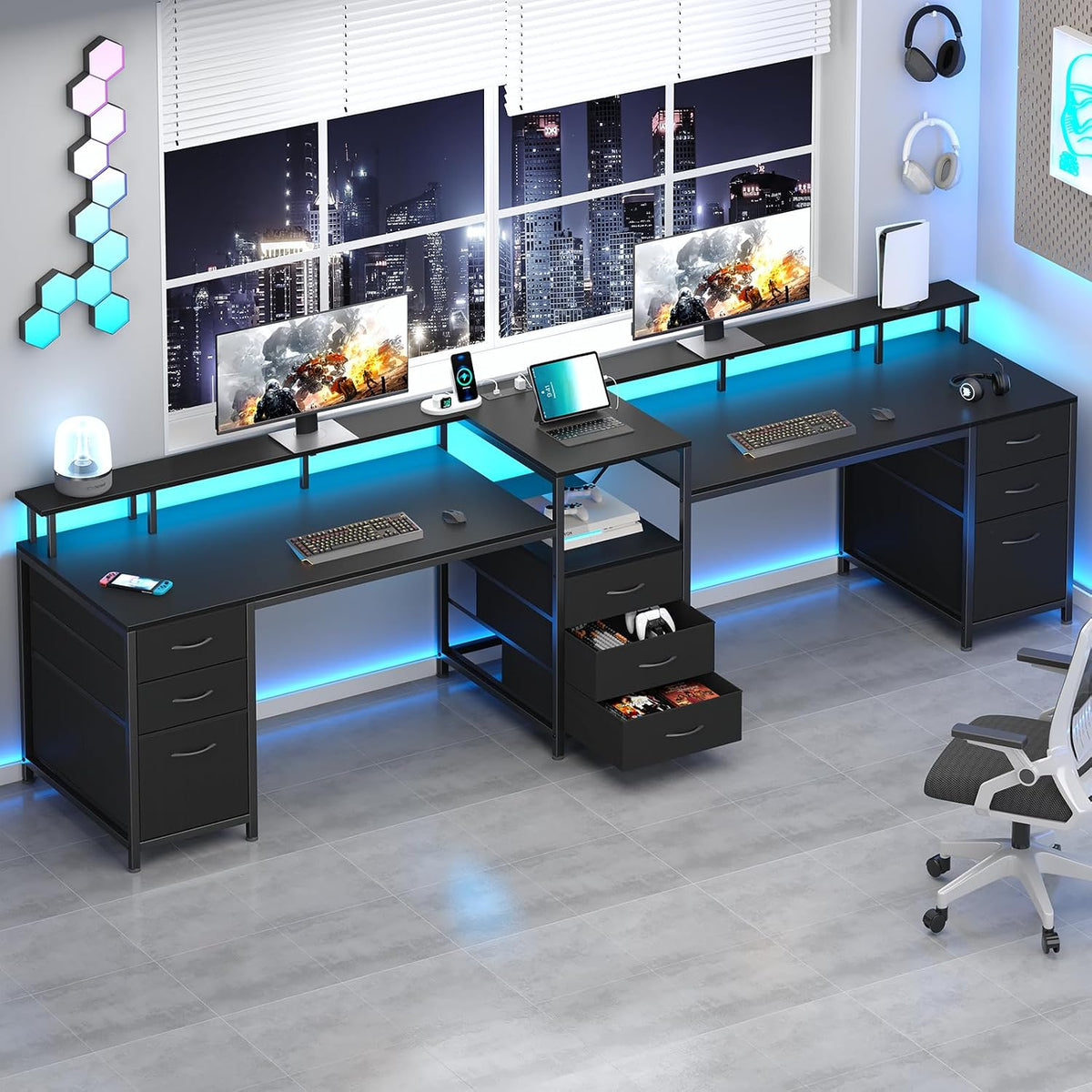 YOMILUVE 98.4' Long Computer Desk with 9 Drawers, 2 Person Gaming Desk with LED Lights & Power Outlet, Two Person Home Office Desk with Storage, Printer Shelf ＆ Monitor Stand, Black