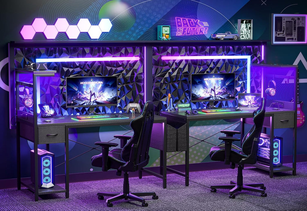 TIQLAB Gaming Desk 47 inch with Power Outlet and LED Light, Computer Desk with Reversible Shelves and Storage Drawer, Small PC Desk for Home Office Table with Bag, Carbon Fiber Black