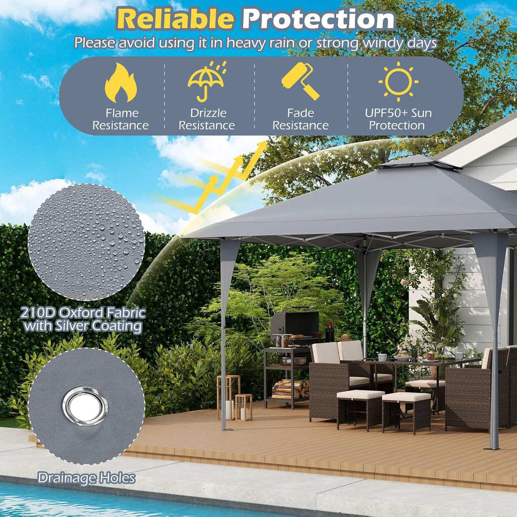 Tangkula 13x13 FT Pop Up Gazebo, UPF50+ Outdoor Sunshade Shelter with Carrying Bag, 8 Stakes, 4 Wind Ropes, Foldable Outdoor Gazebo for Beach Party Event Camping (Gray)