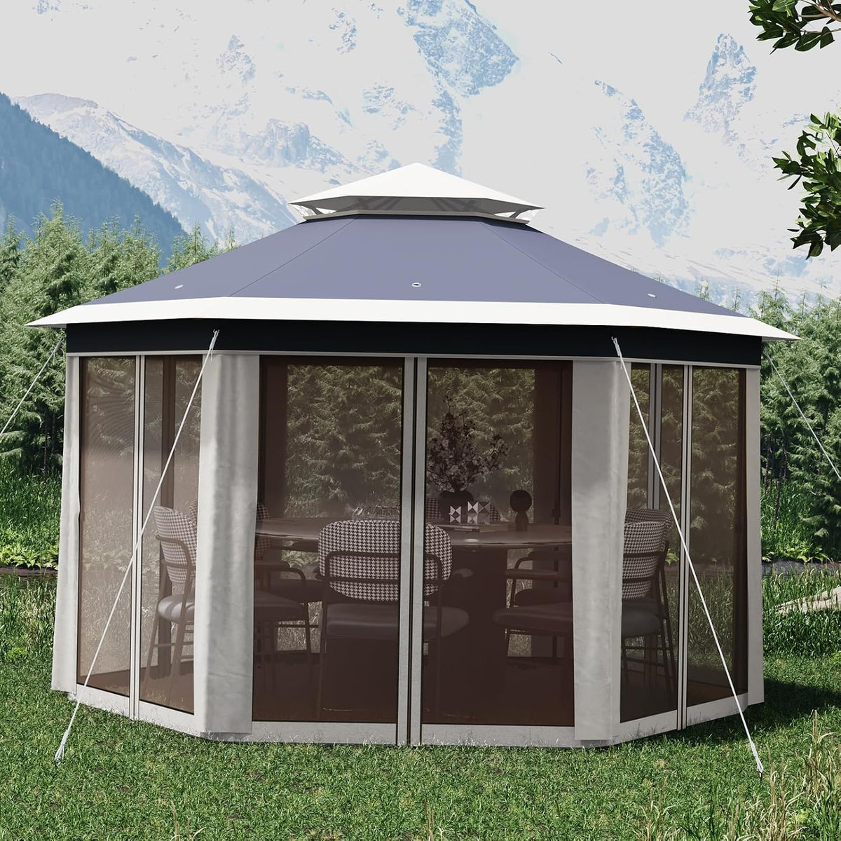 13' x 13' Pop-Up Gazebo, Hexagonal Canopy Shelter with 6 Zippered Mesh Netting, Event Tent with Strong Steel Frame for Backyard, Garden, Lawn, Blue and Beige