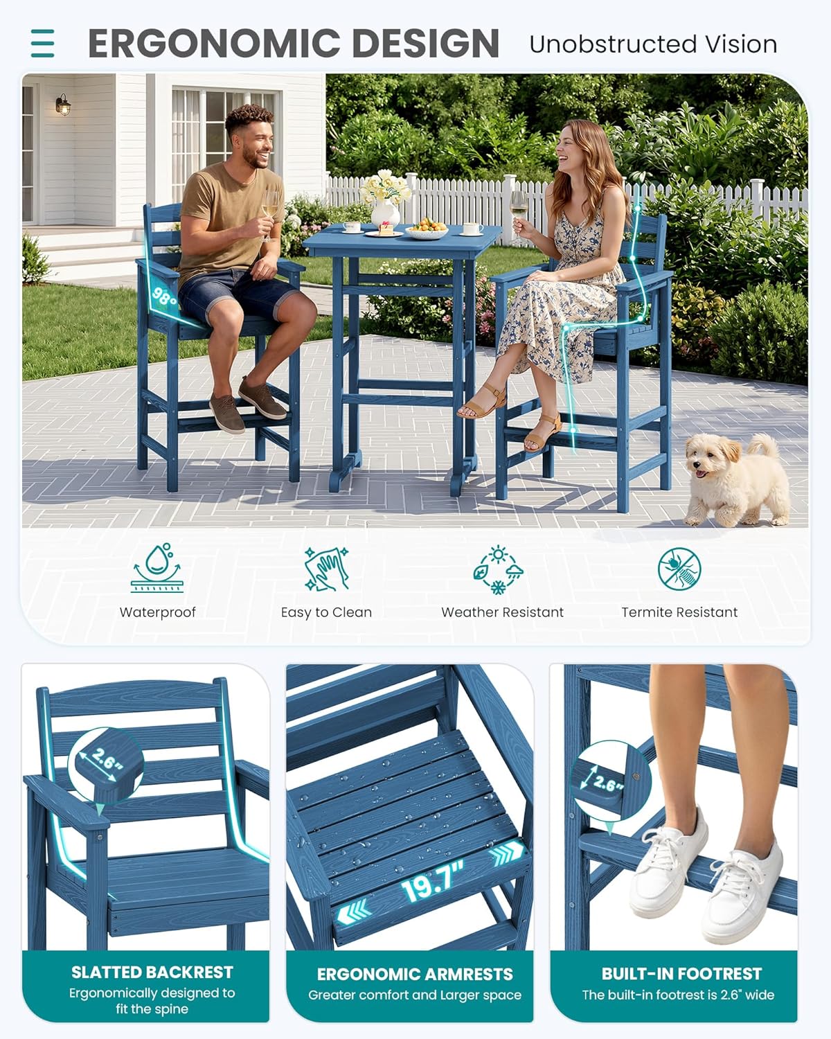 SERWALL 4 Pieces Outdoor Patio Bar Set with 9ft Umbrella, Outdoor HDPE Barstool and Table Furniture Set with Patio Umbrella, Blue