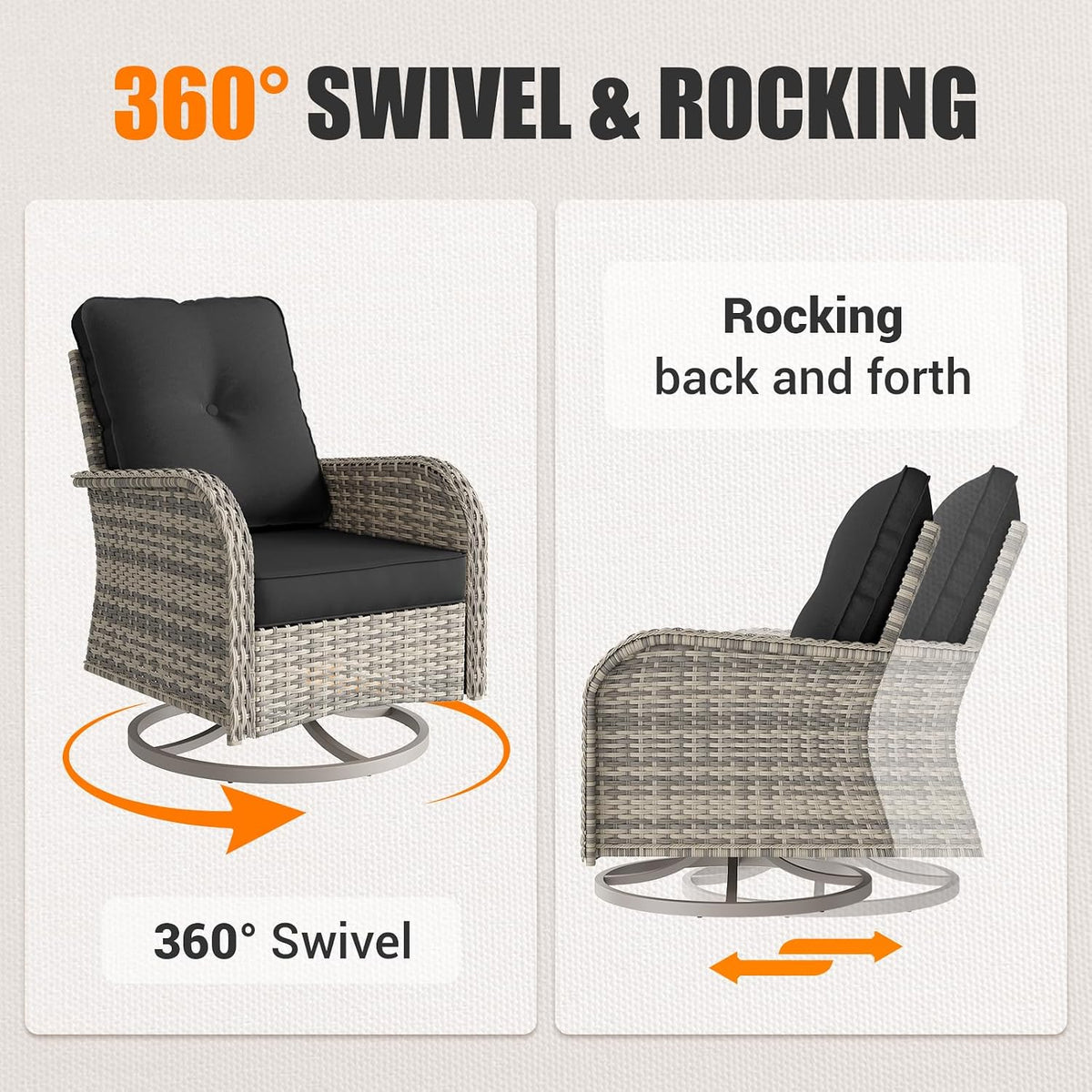 Outdoor Patio Furniture Set Patio Rocking Swivel Chair with Tempered Glass Side Table, Outdoor Wicker Rattan Bistro Set with Ottomans for Garden, Deck, and Balcony, Dark Grey