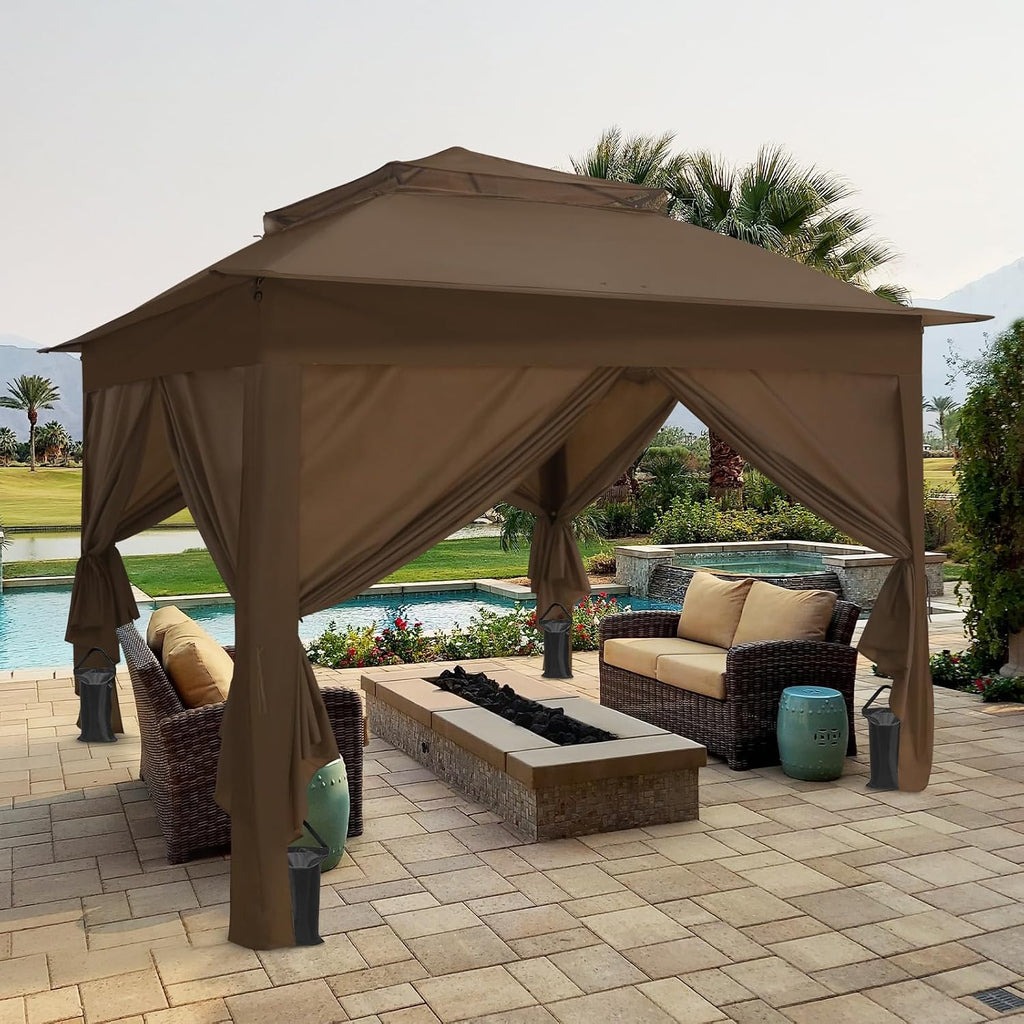 COOS BAY 11x11 Pop Up Gazebo with 4 Sidewalls, Instant Outdoor Canopy Tent with UPF 50+ UV Protection, Water Resistant Shelter with Carry Bag, Stakes & Ropes, Brown