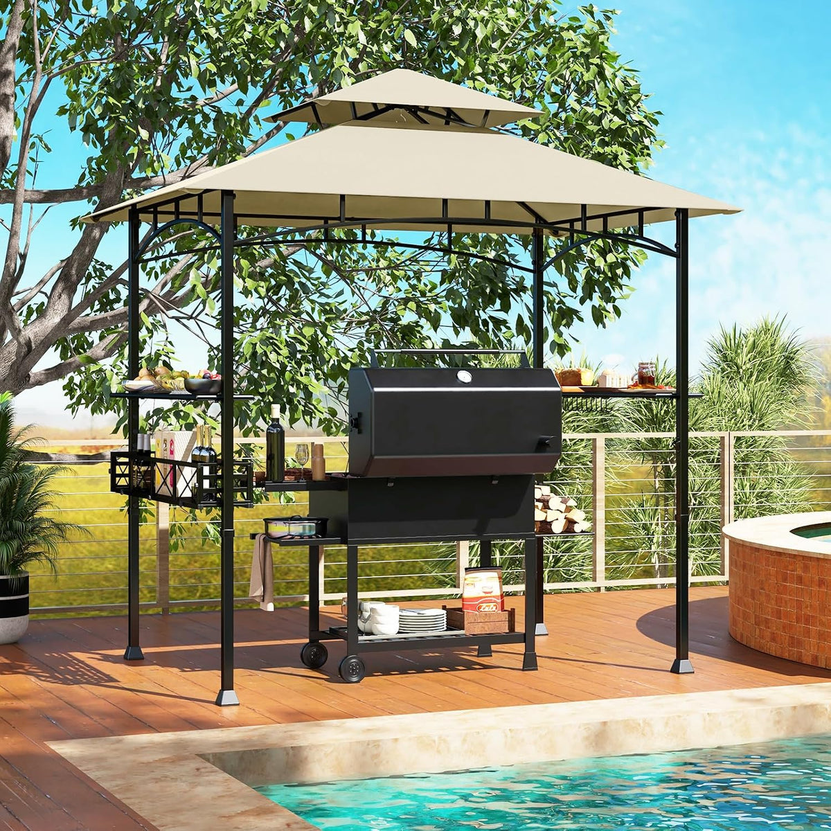 Tangkula 8x5 Ft Grill Gazebo, 2-Tier Barbecue Gazebo with 2 Shelves, 20 Hanging Hooks, Bottle Opener & Storage Basket, Outdoor Grill Canopy for Backyard Garden Poolside (Beige)
