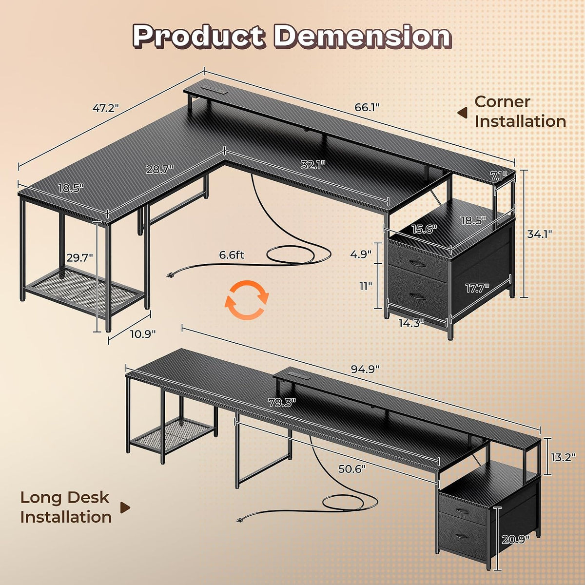 PRAISUN 66' L Shaped Gaming Desk with LED Lights & Power Outlets, Computer Desk with Fabric Drawers and Print Stand, Corner Office Desk, Monitor Stand, Mesh CPU Stand, Carbon Fiber Black