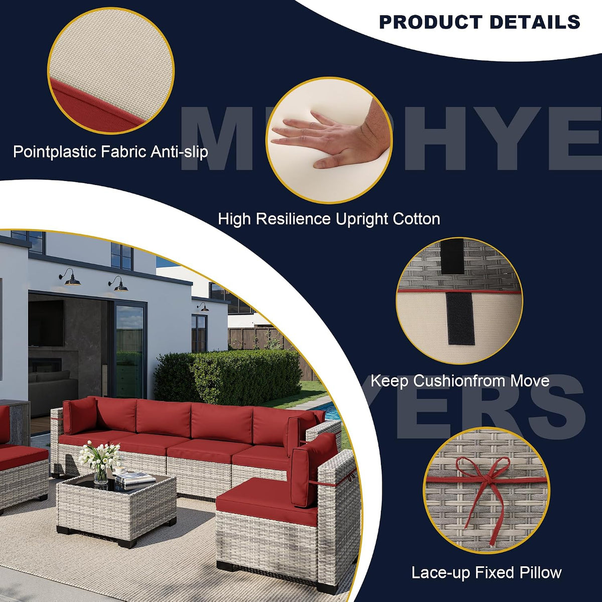 8-Piece Outdoor Patio Furniture Set with 55,000 BTU Fire Pit Table, PE Wicker Rattan Sectional Sofa Conversation Set - All-Weather Garden, Backyard Furniture, Red