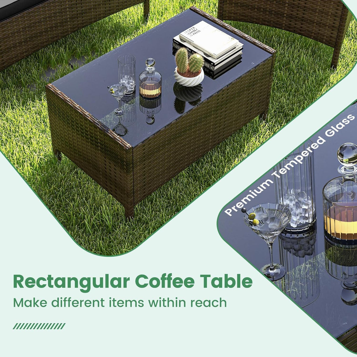 ORALNER 4 Pieces Patio Furniture Set, Rattan Chairs Loveseat with Soft Cushion and Glass Table, Outdoor Wicker Conversation Set for Balcony Garden Backyard Porch Poolside (Black)