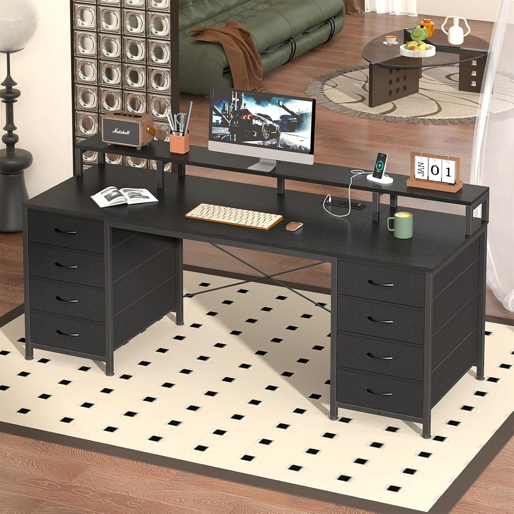 YOMILUVE 60 Inch Computer Desk with 8 Drawers, Gaming Desk with LED Lights & Power Outlets, Home Office Desk with Monitor Stand, Black