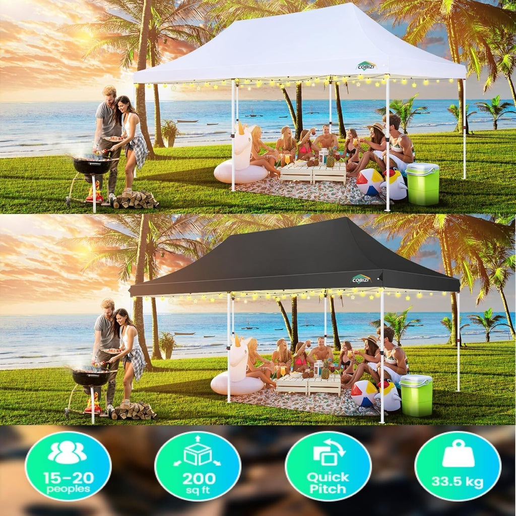 COBIZI 10x20 Pop Up Canopy Tent with Sidewalls, Outdoor Party Tent, Waterproof & UV50+, 3 Adjustable Heights, Higher Frame Design for Parties Backyard, Weddings, Markets, Black