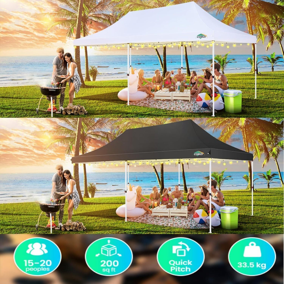 COBIZI 10x20 Pop Up Canopy Tent with Sidewalls, Outdoor Party Tent, Waterproof & UV50+, 3 Adjustable Heights, Higher Frame Design for Parties Backyard, Weddings, Markets, Black
