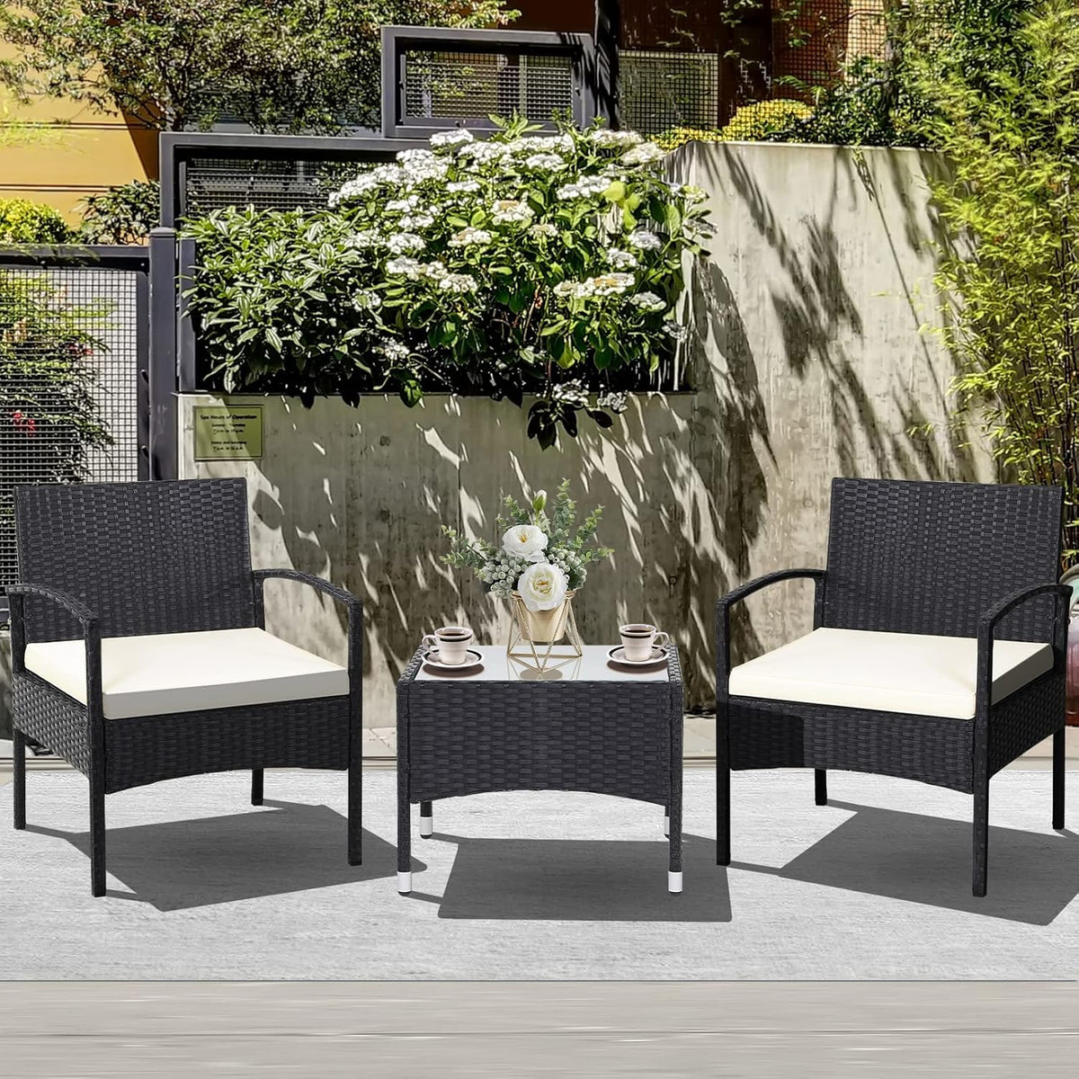 RELAX4LIFE 3-Piece Patio Furniture Set - Rattan Conversation Set, Wicker Bistro Set w/2 Chairs, Glass Coffee Table, Steel Frame, Outdoor Chairs Set for Yard Balcony, Front Porch Furniture (Beige)