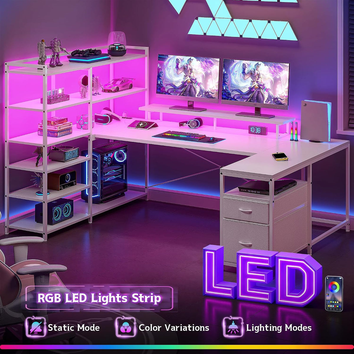 DurayLoly Computer Desk with 6 Storage Shelves & 2 Fabric Drawers,63'' L Shaped Gaming Desk with Power Outlet & LED Strip, Reversible Office Desk with Monitor Stand, White