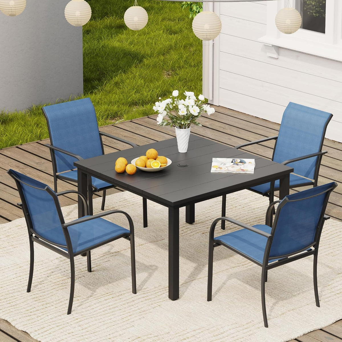 VICLLAX 5 Pieces Patio Dining Set, Patio Furniture Set of 4 Patio Stackable Dining Chairs and Outdoor Metal Square Table with Umbrella Hole for Backyard Lawn Garden, Blue Chairs and Black Table