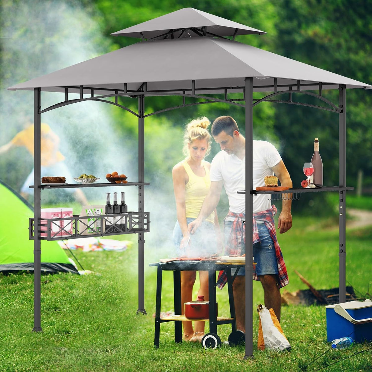 Tangkula 8x5 Ft Grill Gazebo, 2-Tier Barbecue Gazebo with 2 Shelves, 10 Hanging Hooks, Bottle Opener & Storage Basket, Outdoor Grill Canopy for Backyard Garden Poolside (Grey)
