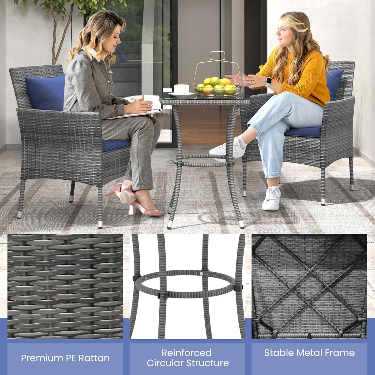 KOTEK 3 Pieces Patio Furniture Set, PE Rattan Outdoor Conversation Set with Tempered Glass Table & Soft Cushions, Wicker Bistro Set for Garden, Porch, Balcony (Navy)
