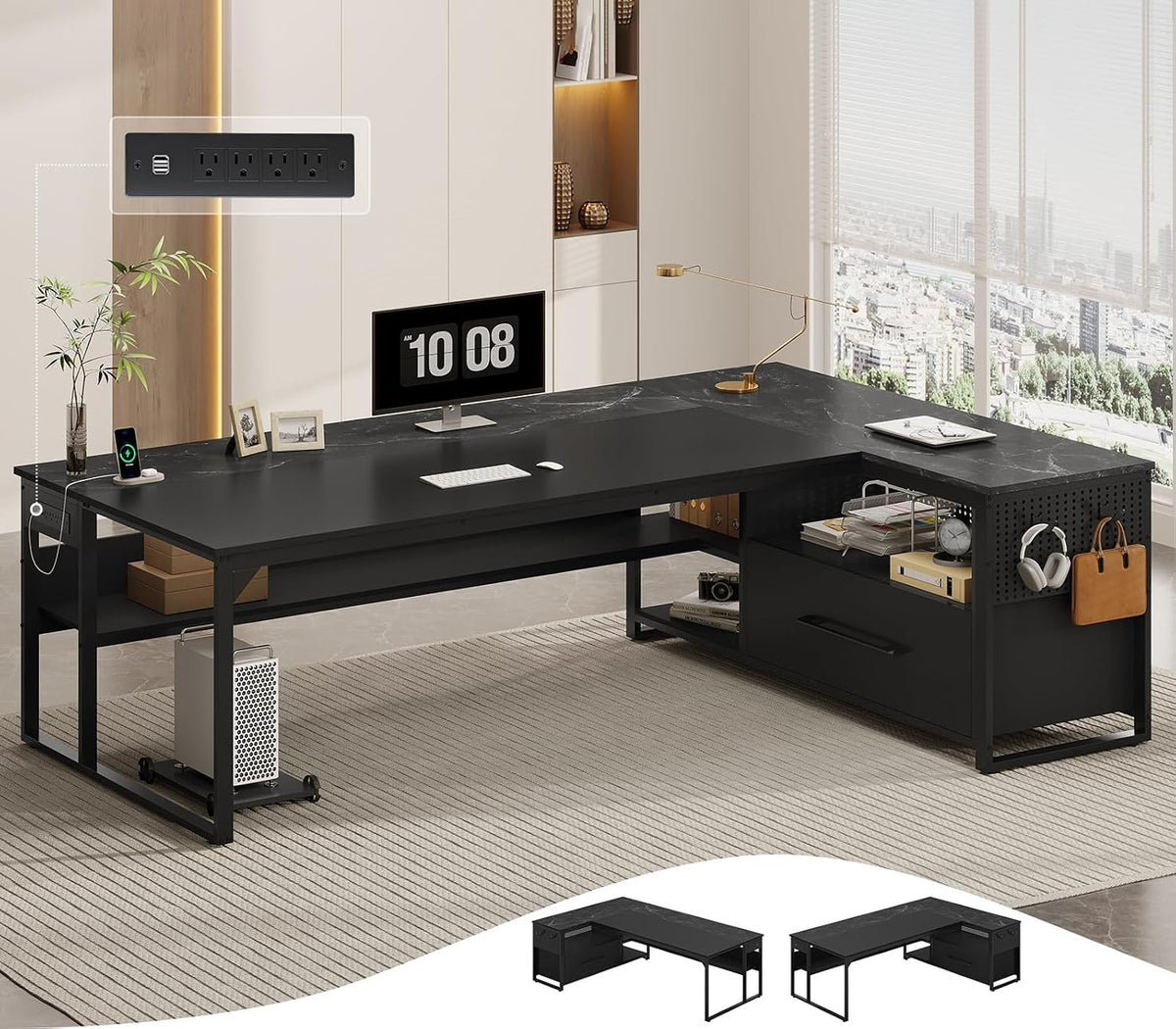 UPOSOJA 71' Executive Desk, Large Office Desk with Widen File Drawers & Power Outlets, Reversible L Shaped Computer Desk Corner Desk with Storage Shelves, CPU Stand, Hooks, Business Furniture (Black)