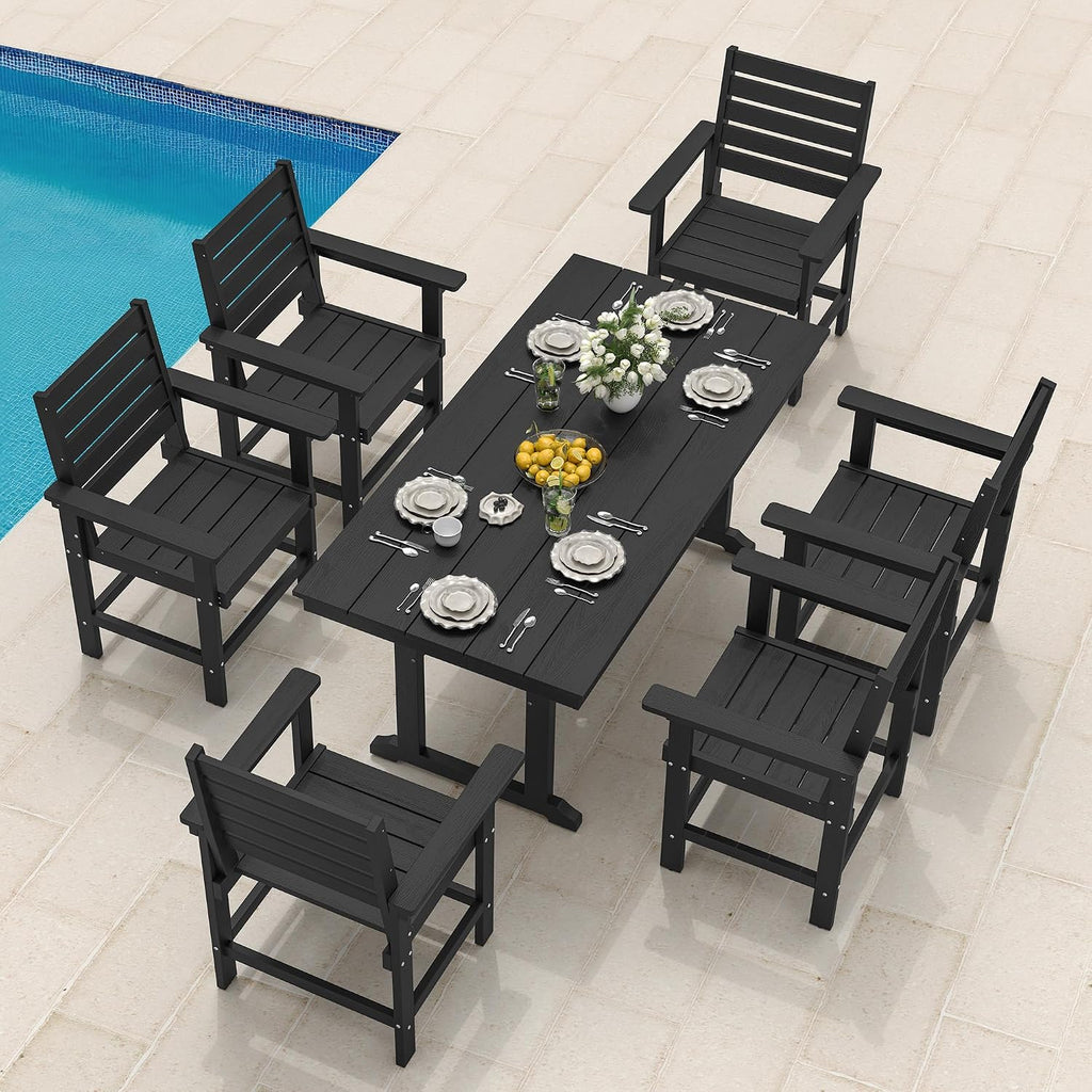 7 Piece Outdoor Dining Set, HDPS Patio Table and Chairs Set, 66' Patio Table with 1.96' Umbrella Hole & 6 Chairs, All Weather Furniture for Garden, Backyard, Poolside (Black)