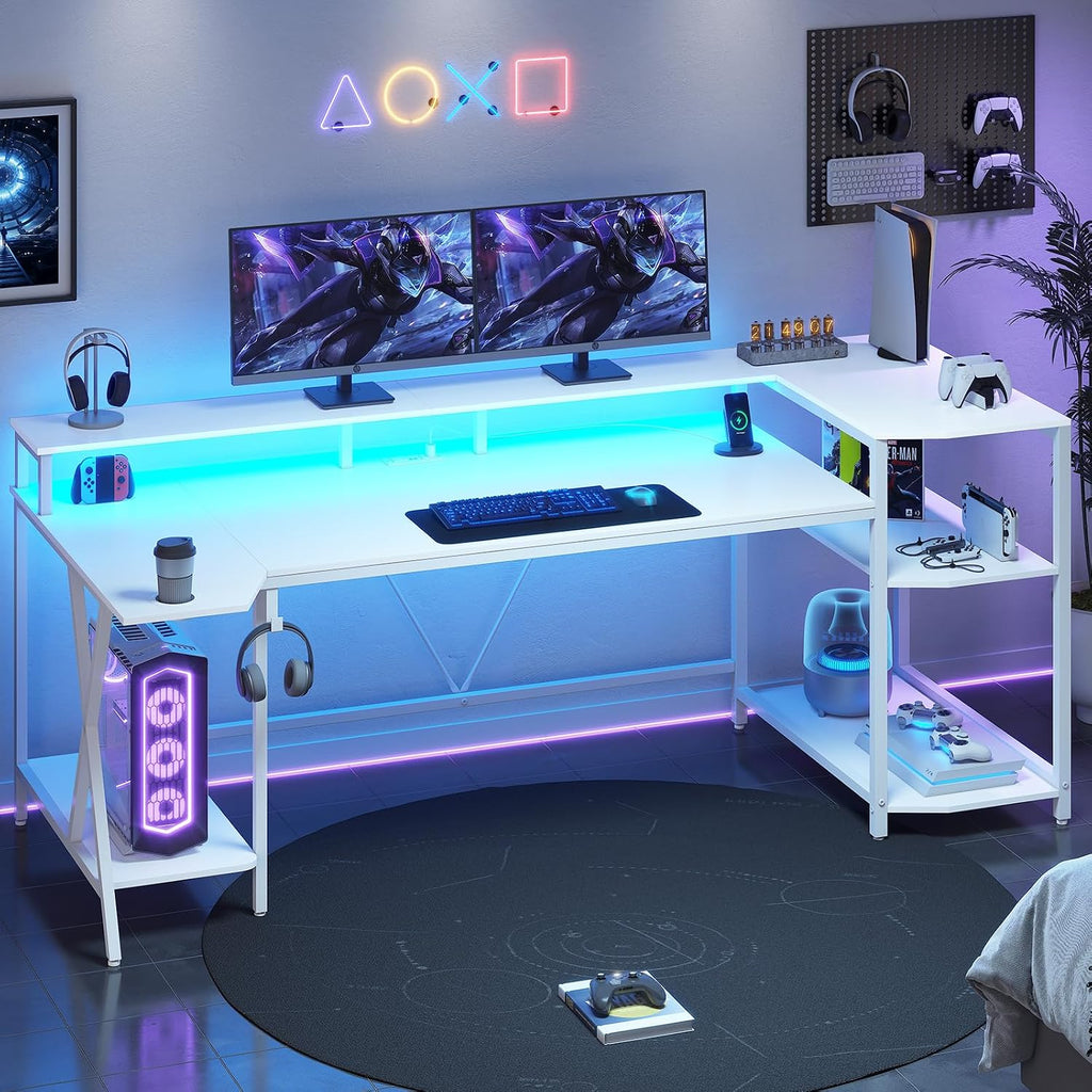 SEDETA White Gaming Desk 70.8'' with LED Lights and Storage Shelves, Computer Desk with Monitor Stand, Power Outlets and Cup Holder, Large PC Gamer Desk, Gaming Table for Bedroom, Living Room