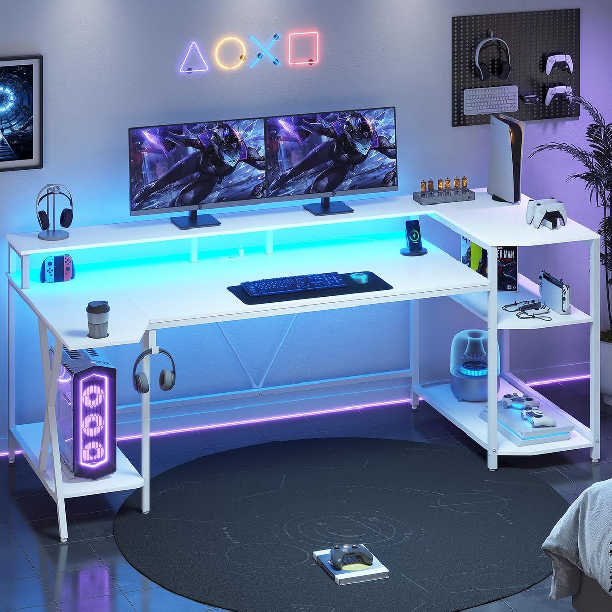 SEDETA White Gaming Desk 70.8'' with LED Lights and Storage Shelves, Computer Desk with Monitor Stand, Power Outlets and Cup Holder, Large PC Gamer Desk, Gaming Table for Bedroom, Living Room