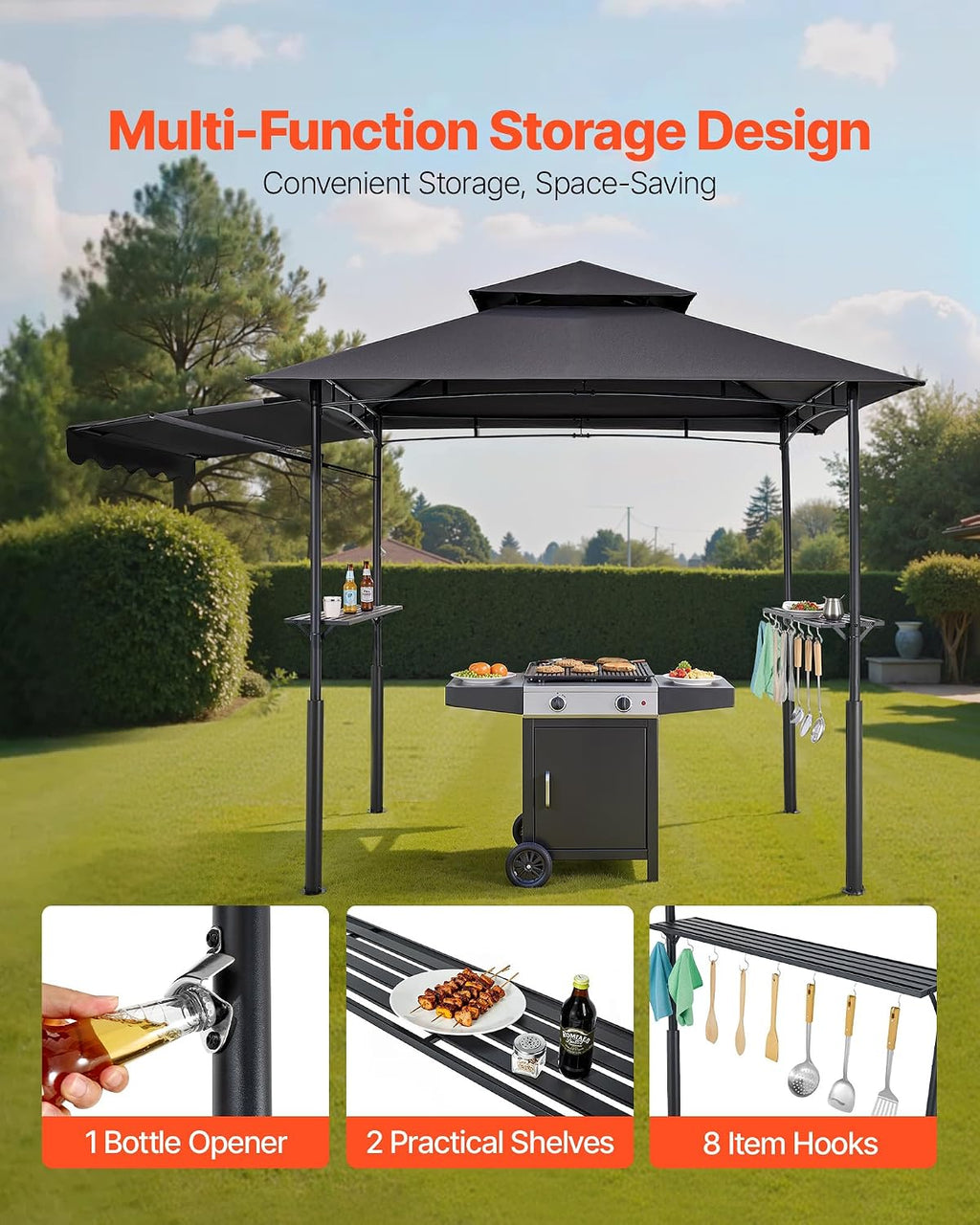 VEVOR Grill Gazebo, 8 x 5 ft Double-Tiered Top, Reinforced BBQ Gazebo with Extra Awning, Powder-Coated Steel Patio Grill Shelter with 2 Side Shelves & Hooks, Outdoor Grilling Canopy for Garden