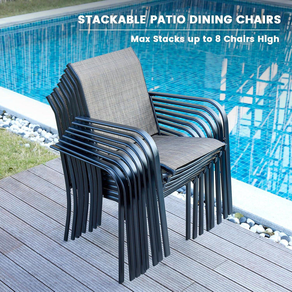 VICLLAX Outdoor Dining Set for 4, Patio Furniture Set of 4 Patio Stackable Dining Chairs and Outdoor Metal Square Table with Umbrella Hole for Backyard Lawn Garden, Brown Chairs and Black Table