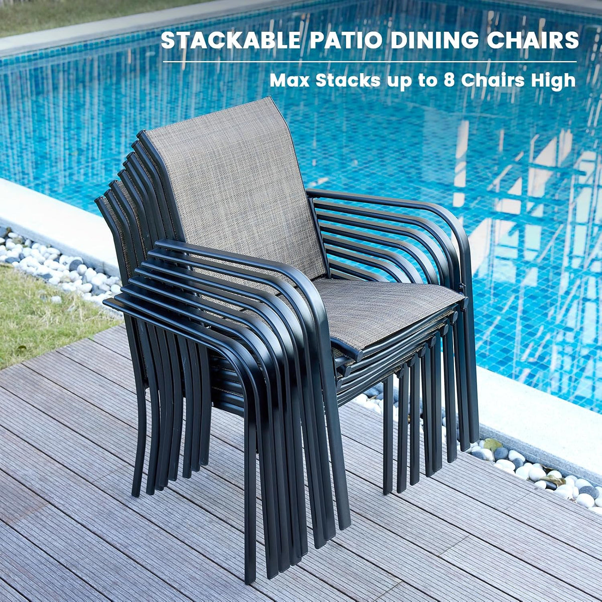 VICLLAX Outdoor Dining Set for 4, Patio Furniture Set of 4 Patio Stackable Dining Chairs and Outdoor Metal Square Table with Umbrella Hole for Backyard Lawn Garden, Brown Chairs and Black Table