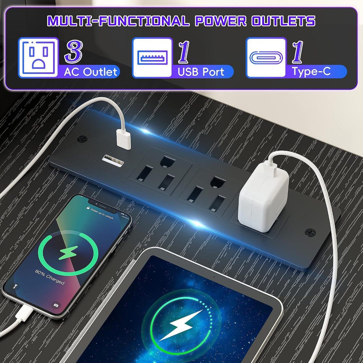 DurayLoly 48' L- Shaped Gaming Desk with LED Lights & Power Outlet,Gaming Desk with Monitor Stand for Gamer,Home Office Desk with Drawer for Student Study Room,Bedroom,Small Working Room,Black