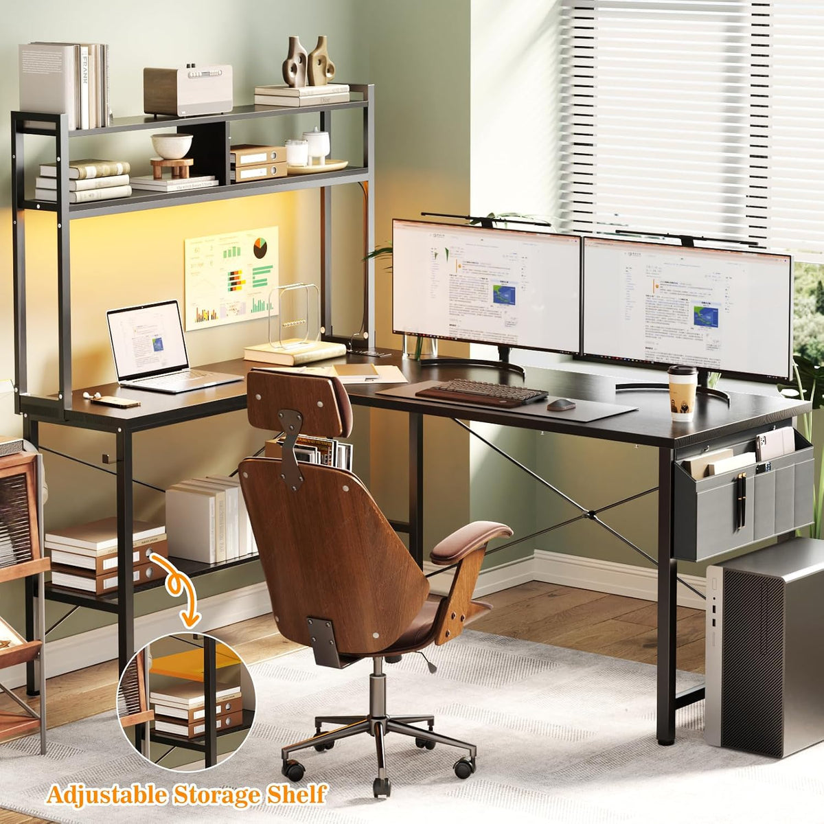 Aheaplus L Shaped Desk Gaming Desk, 59' L Shaped Computer Desk with LED Light & Power Outlet, Reversible Home Office Desk Gamer Desks with Shelves & Storage Bag & Hooks, Corner PC Desk, Black