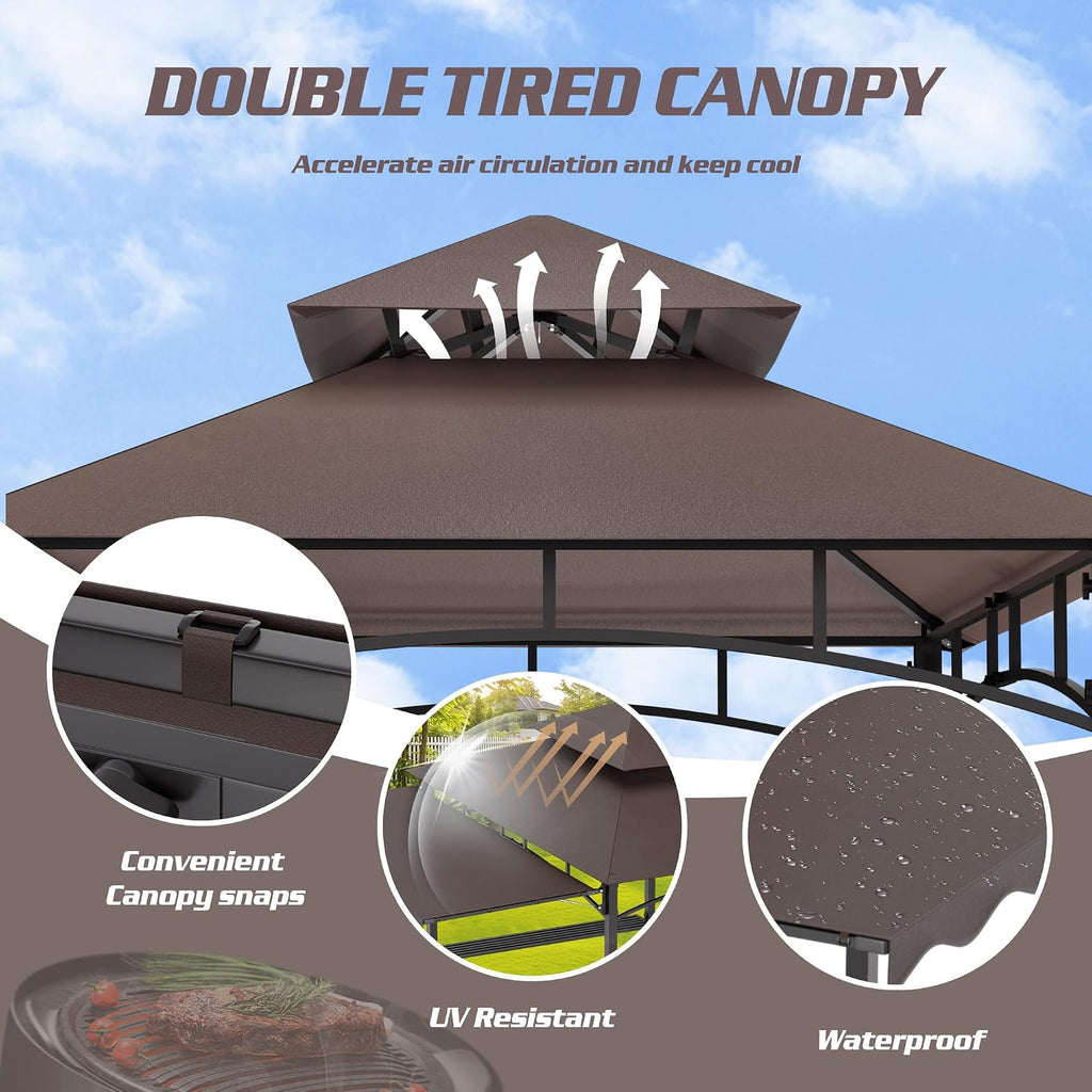 8'X8' Grill Gazebo Canopy - Heavy Duty Steel Frame, Double Tiered Grill Canopy for Outdoor Grill W/Shelves, Ceiling Hooks, Ground Stakes, Patio Canopys Tent BBQ Gazebo Backyard (Brownness)