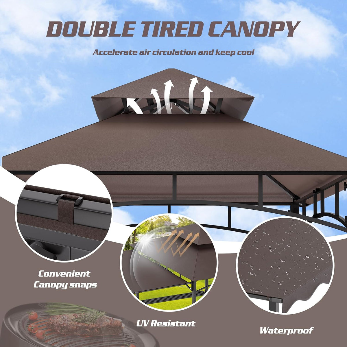 8'X8' Grill Gazebo Canopy - Heavy Duty Steel Frame, Double Tiered Grill Canopy for Outdoor Grill W/Shelves, Ceiling Hooks, Ground Stakes, Patio Canopys Tent BBQ Gazebo Backyard (Brownness)
