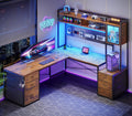 SEDETA L Shaped Gaming Desk with 6 Drawers, Reversible Computer Office Desk with File Drawer, Hutch, Storage Shelves, Gaming Corner Desk with Led Lights, Power Outlet for Two Person, Rustic Brown