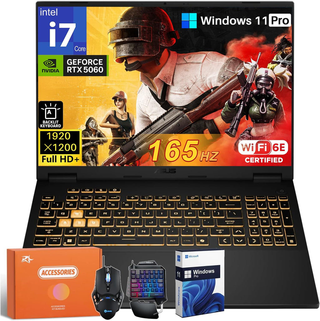 ASUS TUF F16 Gaming Laptop, Intel 16-Core i7-14650HX(Up to 5.2 GHz), NVIDIA GeForce RTX 5060, 16 Inch Full HD+ 165Hz IPS Display, 64GB DDR5, 1TB SSD, Backlit KB, Windows 11 Pro, Wi-Fi 6E, Accessories