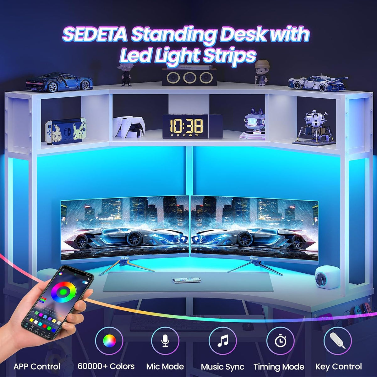 SEDETA Corner Desk, 39' W x 62' H Small Office Desk with Hutch & LED Lights, Triangle Gaming Computer Desk with Keyboard Tray, Storage Bag, and Headphone Hook for Small Space, White