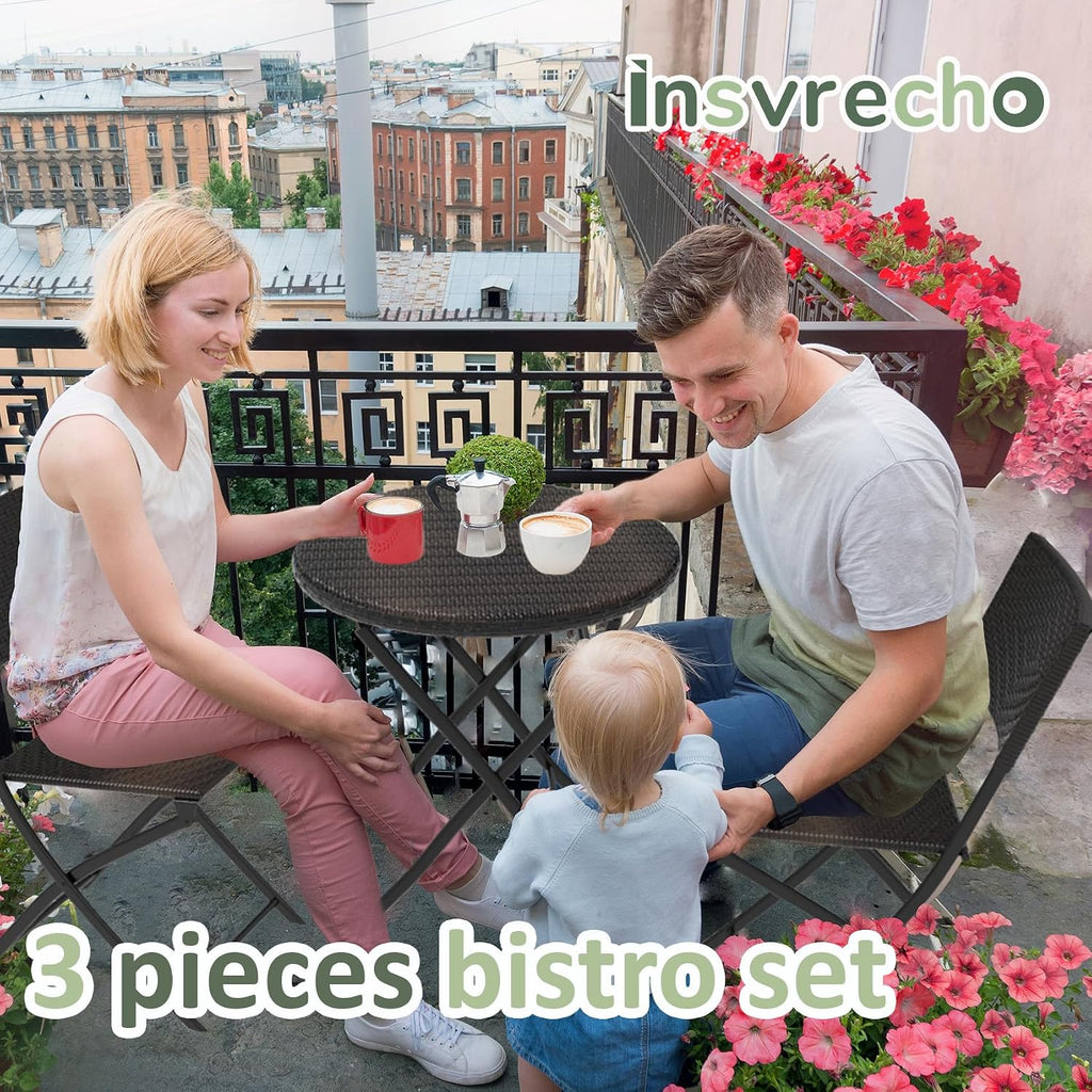 3 Pieces Folding Bistro Set PE Wicker Rattan Outdoor Patio Furniture Sets with Foldable Round Table and Chairs Perfect for Cafe Bar Garden Backyard Balcony Porch