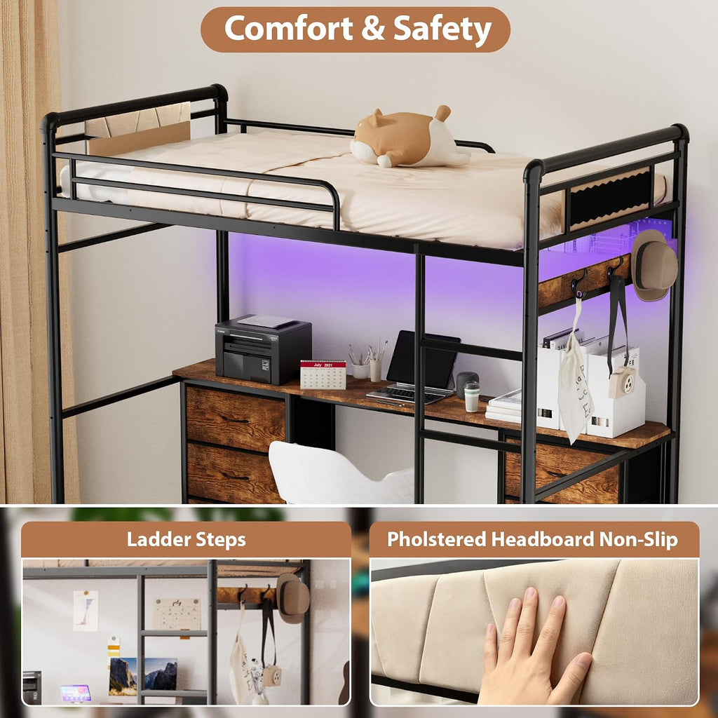 Loft Bed with Desk, Gaming Bunk Bed with Stairs, Twin Metal Loft Bed Heavy Duty Loft Beds for Adults, 6 Fabric Drawers, LED Lights & Charging Sation, No Noise & No Box Spring Needed, Brown