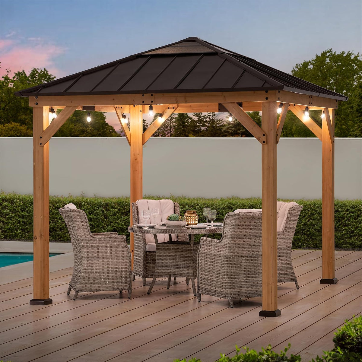 Sunjoy Hardtop Gazebo 9 x 9 ft. Cedar Framed Wood Gazebo with Brown Steel & Polycarbonate Pyramid Hip Roof and Ceiling Hook for Garden, Backyard Shade, Brown Roof + Natural Wood Frame