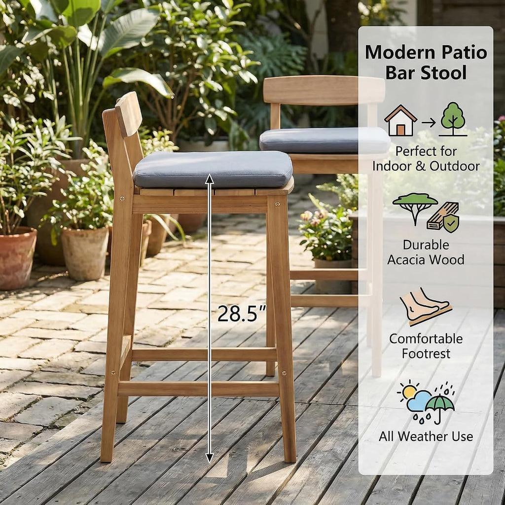 Patio Bar Stools Set of 2, Solid Acacia Wood Patio Barstools with Footrest, 28.5' Counter Height Outdoor Bar Stools, High Top Patio Bar Chairs for Balcony/Deck/Kitchen Island/Bistro, Grey
