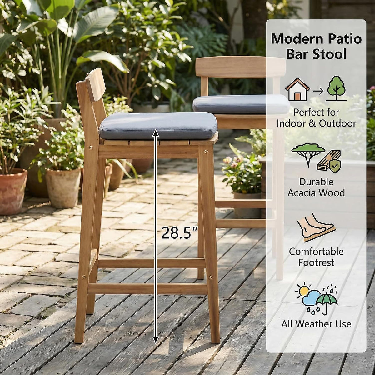 3 Piece Outdoor Patio Bar Set, Modern Patio Furniture Set, Acacia Counter Height Barstools, Bar Height Patio Set with Cushions, 28.5' Patio Bar Stools with Coffee Table for Balcony, Grey