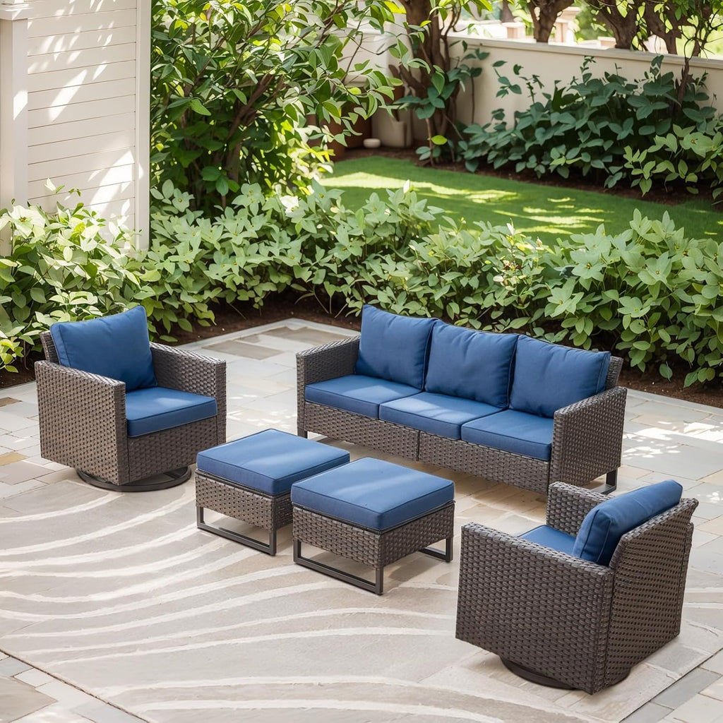 Luxury Wicker Outdoor Patio Furniture Set of 5 - 5 Piece Patio Conversation Set with 2 Swivel Rocker Chairs,2 Rattan Ottoman and 1 Couch for Outside Porch Deck Backyard Garden(Light Grey/Sky Blue)