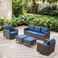 Luxury Wicker Outdoor Patio Furniture Set of 5 - 5 Piece Patio Conversation Set with 2 Swivel Rocker Chairs,2 Rattan Ottoman and 1 Couch for Outside Porch Deck Backyard Garden(Light Grey/Sky Blue)