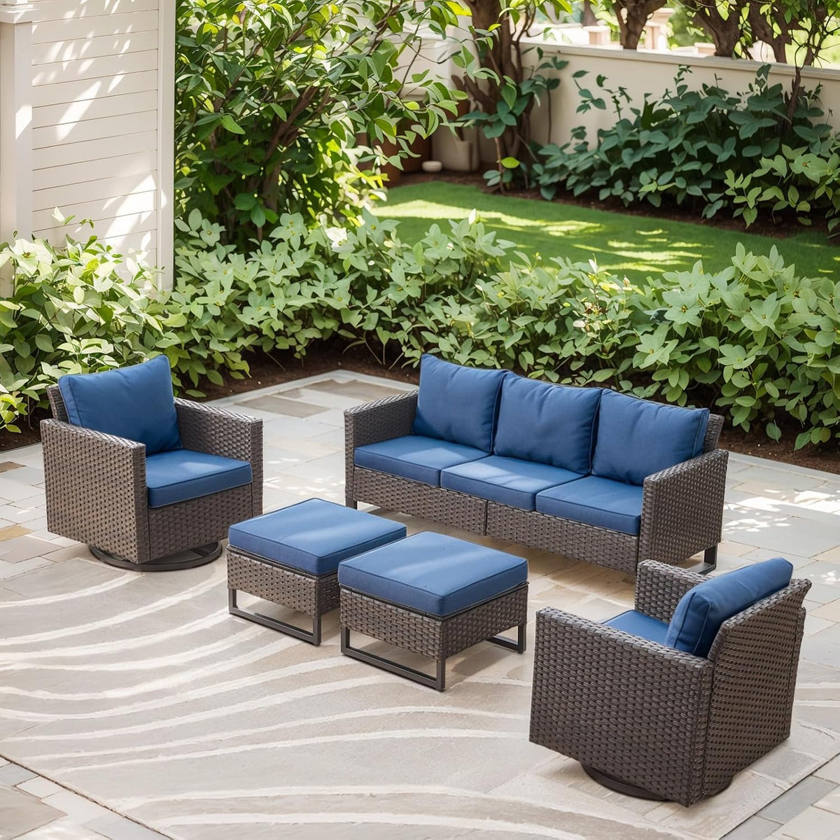 Luxury Wicker Outdoor Patio Furniture Set of 5 - 5 Piece Patio Conversation Set with 2 Swivel Rocker Chairs,2 Rattan Ottoman and 1 Couch for Outside Porch Deck Backyard Garden(Light Grey/Sky Blue)