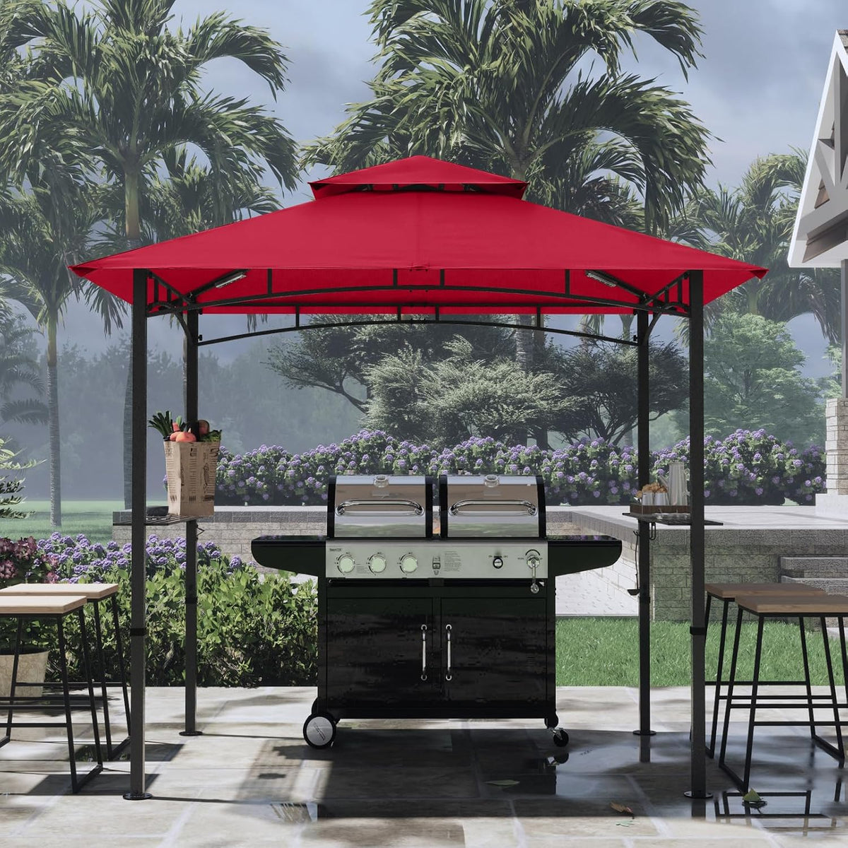 COOSHADE 8'x 5' Grill Gazebo Double Tiered Outdoor BBQ Gazebo Canopy with LED Light (Burgundy)