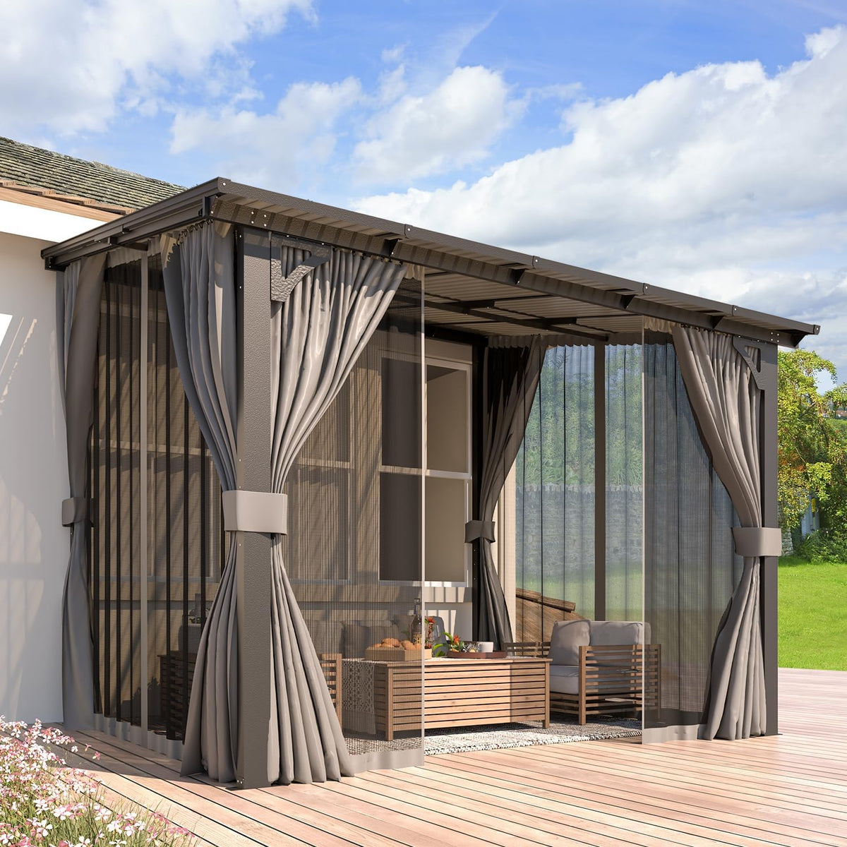 AECOJOY 12' x 8' Gazebo Outdoor Pergola with Curtains and Netting, 8'x12' Hard Top Lean to Pergolas and Gazebos Clearance with Patio Roof, Large Wall-Mounted Heavy Duty Awnings for Patio, Decks