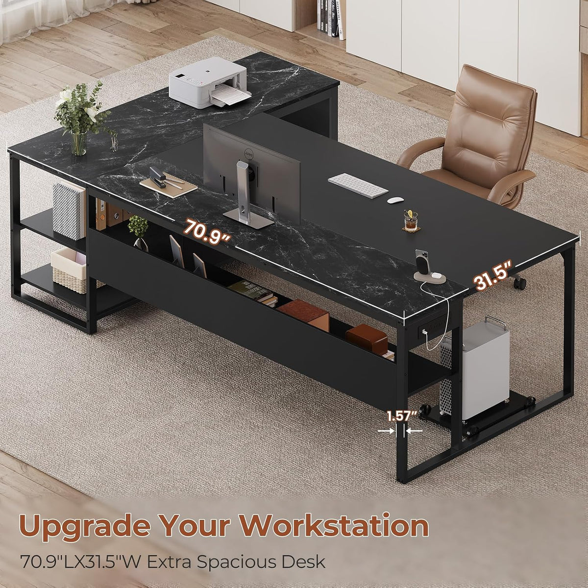 UPOSOJA 71' Executive Desk, Large Office Desk with Widen File Drawers & Power Outlets, Reversible L Shaped Computer Desk Corner Desk with Storage Shelves, CPU Stand, Hooks, Business Furniture (Black)