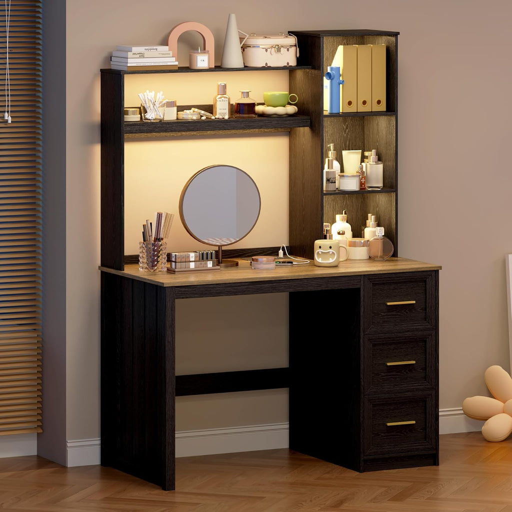 LVSOMT 40' Home Office Desk with Hutch and Drawers, Computer Desk with Power Outlets and LED Light, Study Writing Gaming Table with Storage Shelves, Workstation for Bedroom, Black