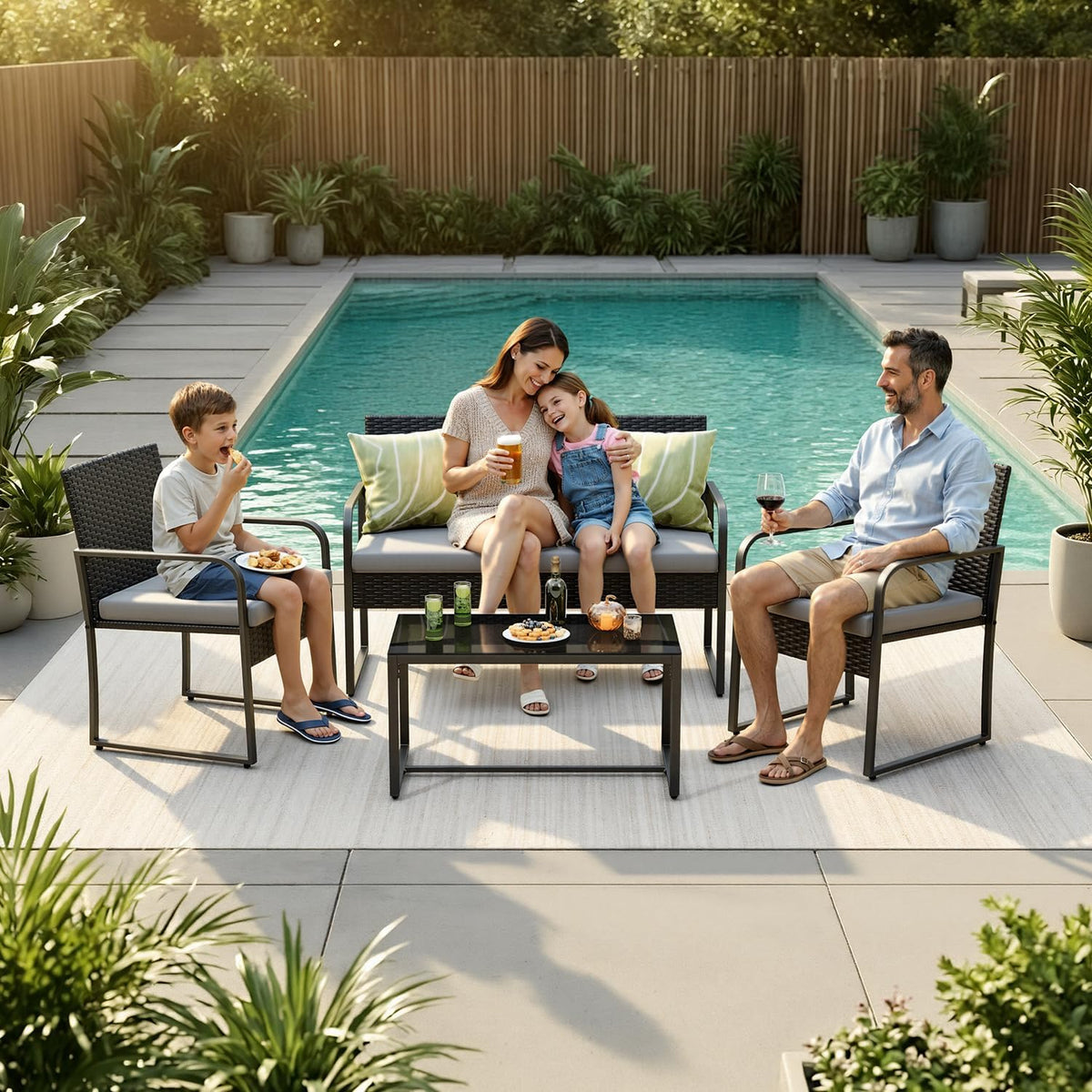 Gizoon 4 Piece Patio Furniture Set, Wicker Furniture with Glass Coffee Table, Outdoor Rattan Conversation Set, for Backyard, Poolside, Porch, Lawn, Cushion-Grey